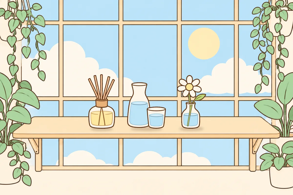 오산 여성전용 아로마 마사지 안내 그림, 햇살 드는 창가 선반 위의 디퓨저, 물병, 데이지 꽃병