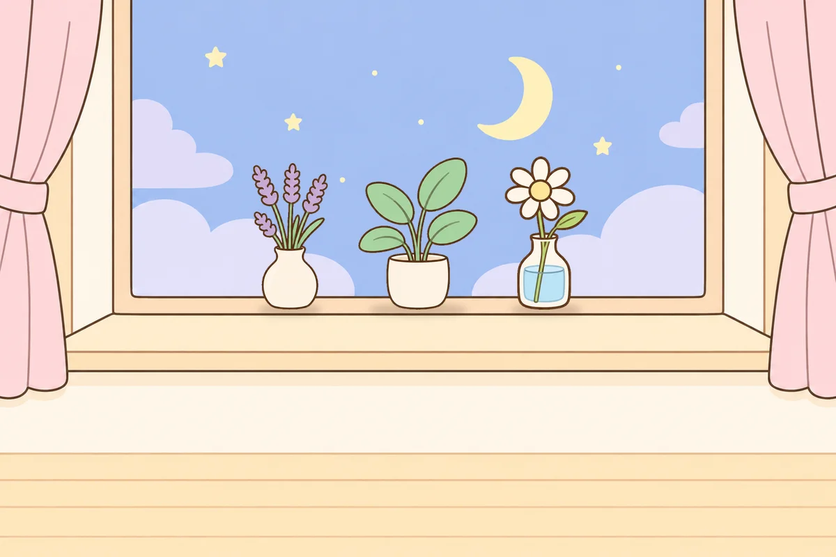 오산 여성전용 아로마테라피 안내 그림, 밤 창가 창턱 위의 라벤더 꽃병, 화분, 데이지 꽃병