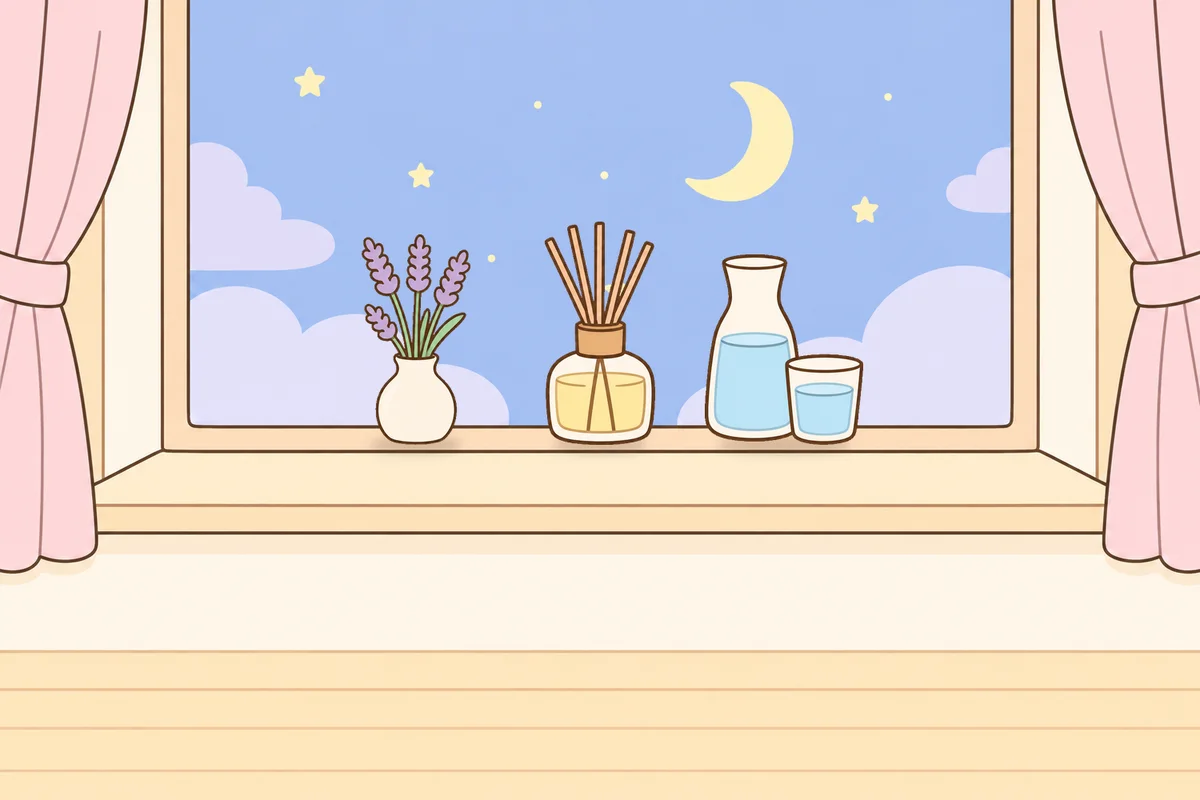오산 여성전용 스웨디시 홈케어 안내 그림, 밤 창가 창턱 위의 라벤더 꽃병, 디퓨저, 물병