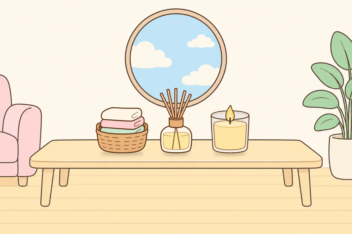 오산 여성전용 아로마 가격 안내 그림, 거실 원목 테이블 위의 수건 바구니, 디퓨저, 향초