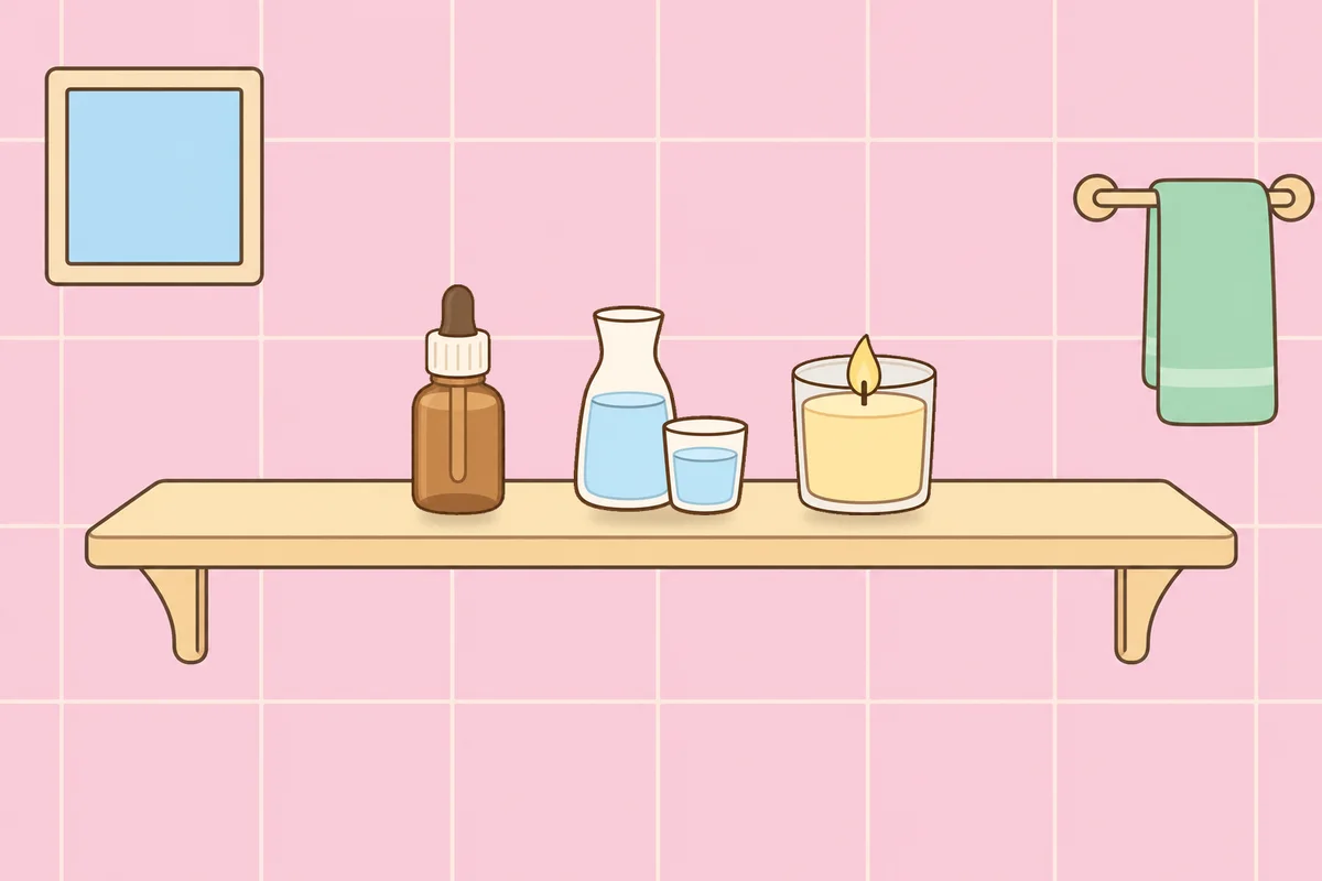 오산 여성전용 경락 마사지 안내 그림, 파우더룸 선반 위의 오일병, 물병, 향초