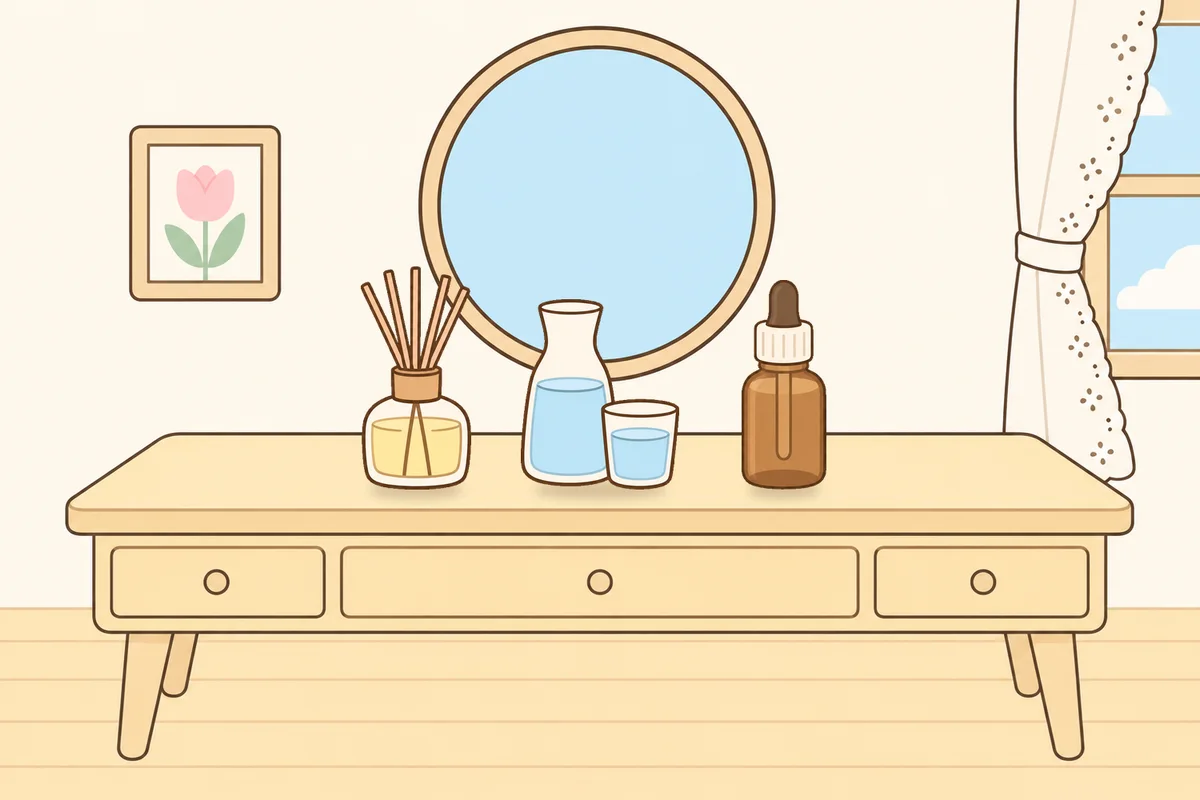 오산 여성전용 홈케어 서비스 안내 그림, 화장대 위의 디퓨저, 물병, 오일병