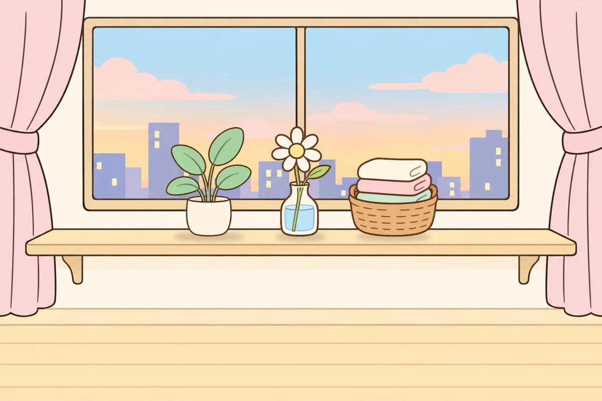 오산 여성전용 방문 홈케어 안내 그림, 호텔 창가 선반 위의 화분, 데이지 꽃병, 수건 바구니
