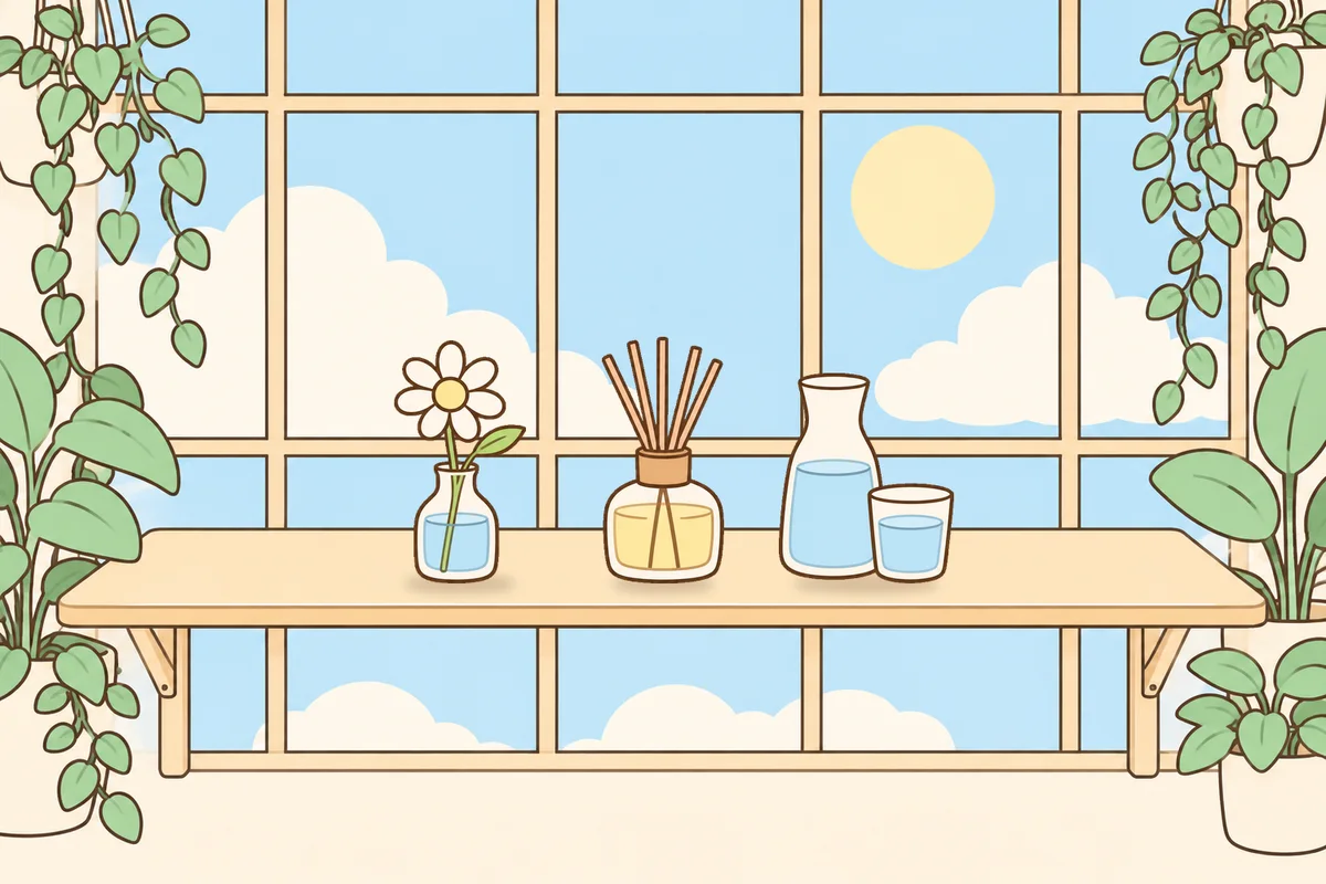 오산 여성전용 홈케어 후기 안내 그림, 햇살 드는 창가 선반 위의 데이지 꽃병, 디퓨저, 물병