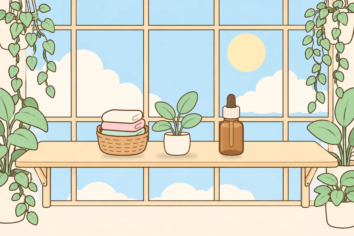 오산 여성전용 발 케어 안내 그림, 햇살 드는 창가 선반 위의 수건 바구니, 화분, 오일병