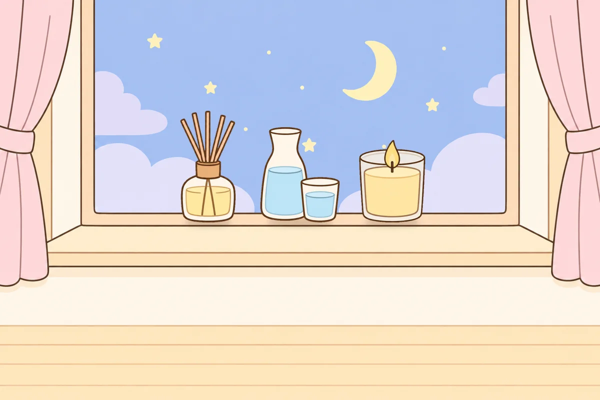 오산 여성전용 발관리 추천 안내 그림, 밤 창가 창턱 위의 디퓨저, 물병, 향초