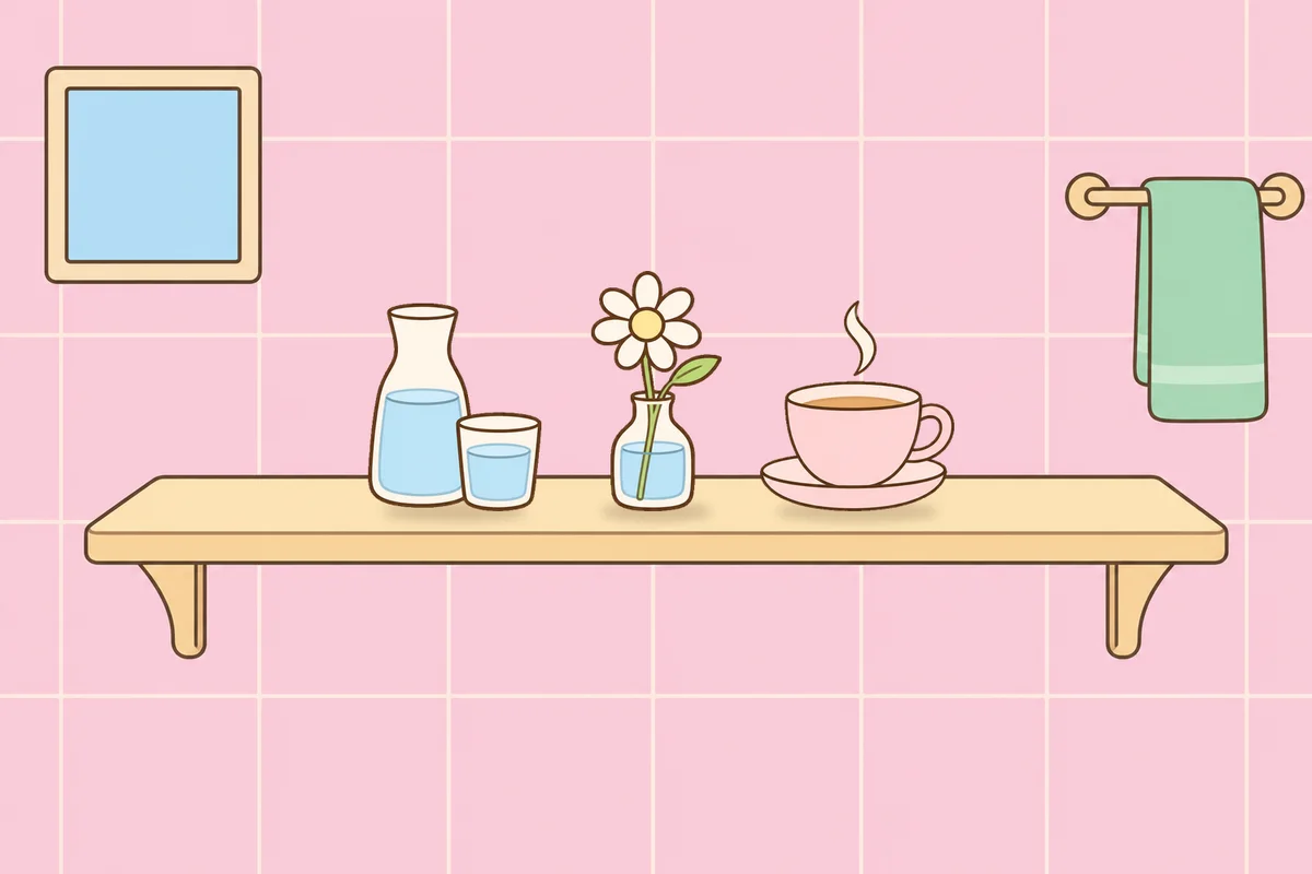 오산 여성전용 림프 마사지 안내 그림, 파우더룸 선반 위의 물병, 데이지 꽃병, 찻잔