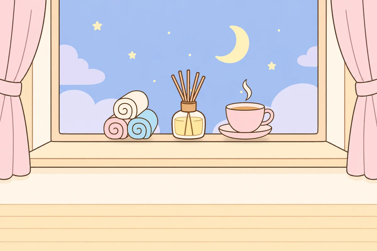 오산 여성전용 셀룰라이트 관리 안내 그림, 밤 창가 창턱 위의 수건, 디퓨저, 찻잔