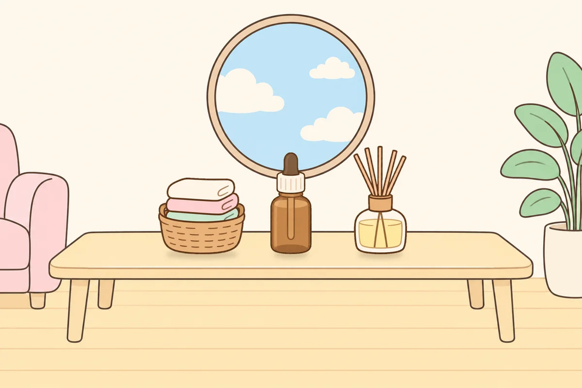 오산 여성전용 바디 케어 안내 그림, 거실 원목 테이블 위의 수건 바구니, 오일병, 디퓨저