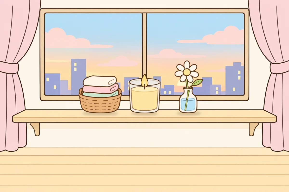 오산 여성전용 슬리밍 마사지 안내 그림, 호텔 창가 선반 위의 수건 바구니, 향초, 데이지 꽃병