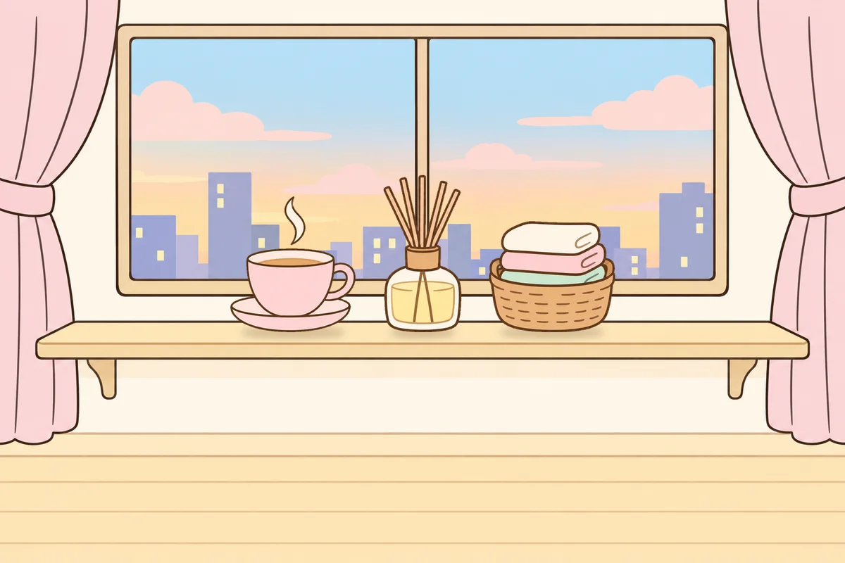 오산 여성전용 디톡스 마사지 안내 그림, 호텔 창가 선반 위의 찻잔, 디퓨저, 수건 바구니