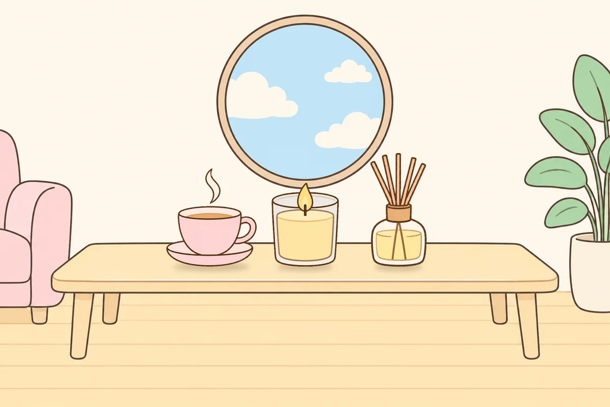 오산 여성전용 다이어트 마사지 안내 그림, 거실 원목 테이블 위의 찻잔, 향초, 디퓨저