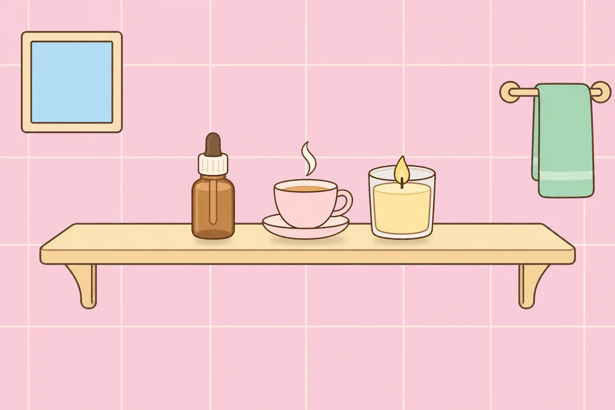 오산 여성전용 복부 마사지 안내 그림, 파우더룸 선반 위의 오일병, 찻잔, 향초
