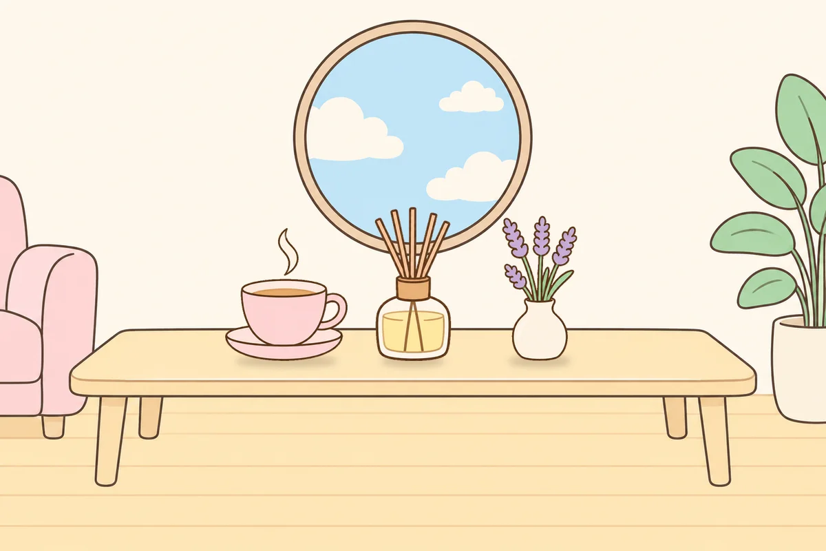 오산 여성전용 목 어깨 케어 안내 그림, 거실 원목 테이블 위의 찻잔, 디퓨저, 라벤더 꽃병