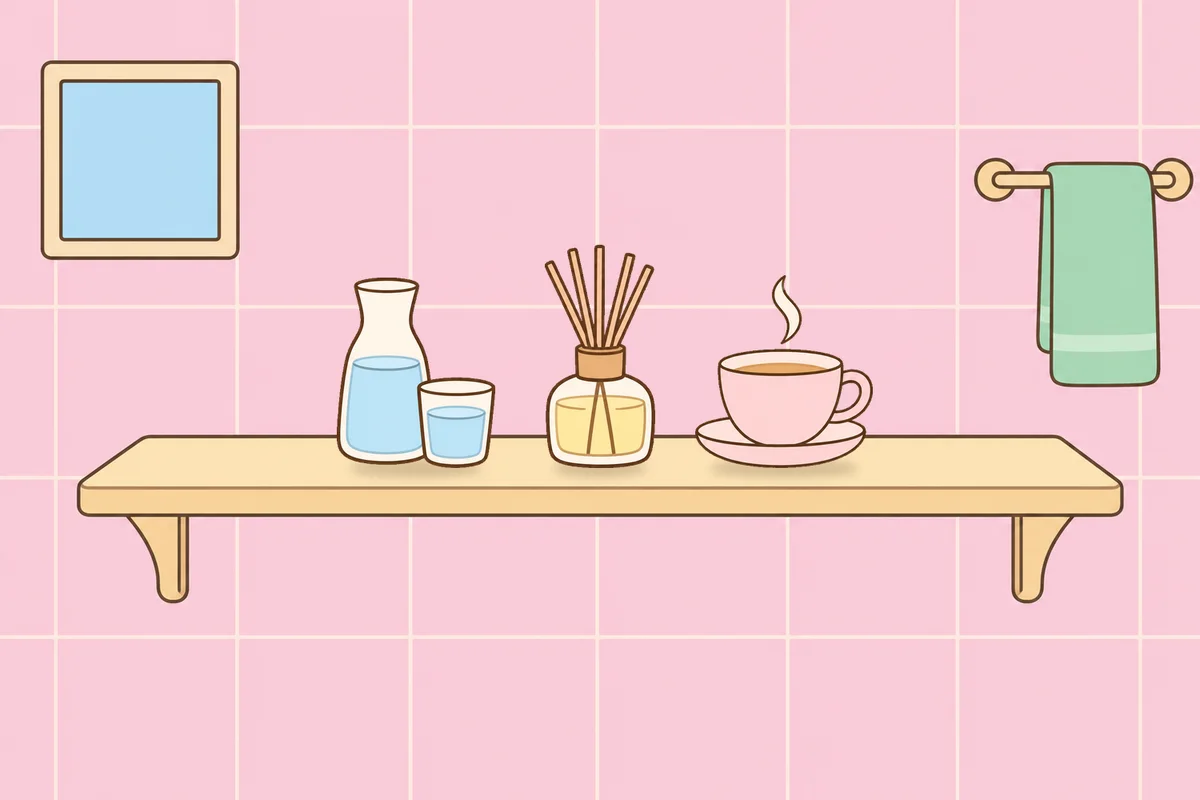 오산 여성전용 두통 완화 마사지 안내 그림, 파우더룸 선반 위의 물병, 디퓨저, 찻잔
