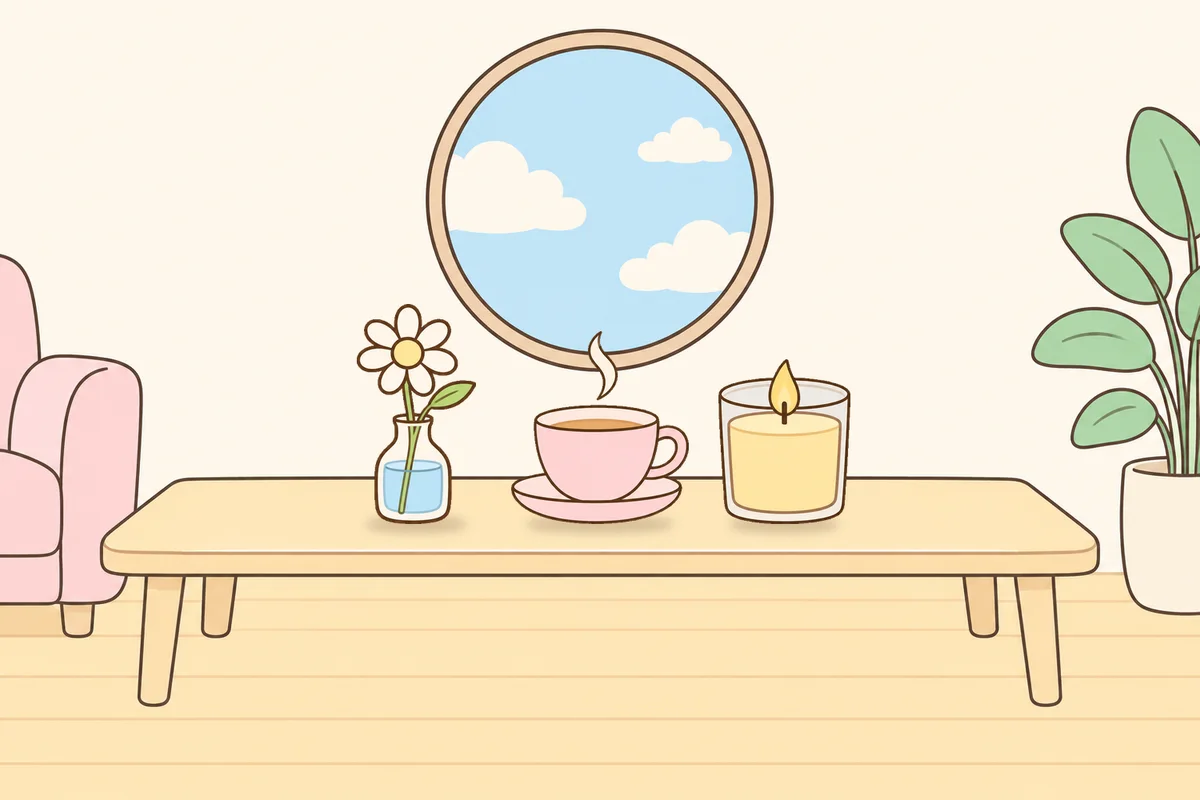 오산 여성전용 수면 케어 안내 그림, 거실 원목 테이블 위의 데이지 꽃병, 찻잔, 향초