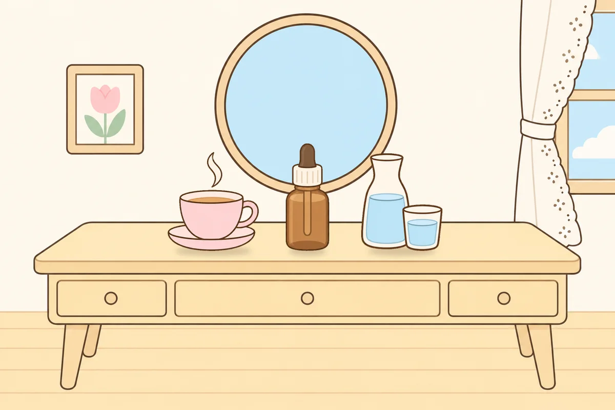 오산 여성전용 피로 회복 마사지 안내 그림, 화장대 위의 찻잔, 오일병, 물병