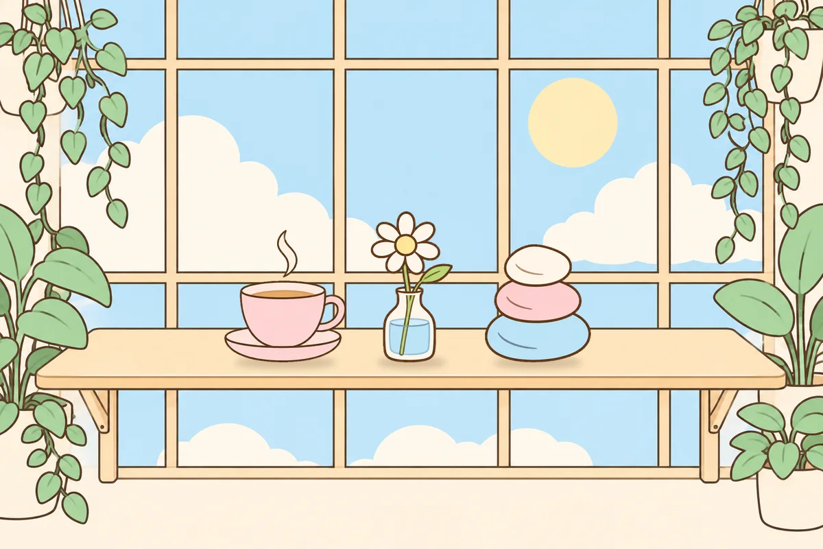 오산 여성전용 페이셜 마사지 안내 그림, 햇살 드는 창가 선반 위의 찻잔, 데이지 꽃병, 조약돌
