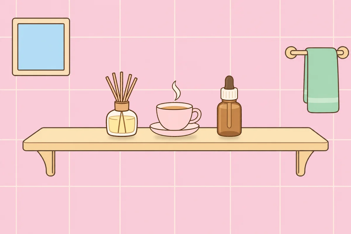 오산 여성전용 안티에이징 케어 안내 그림, 파우더룸 선반 위의 디퓨저, 찻잔, 오일병