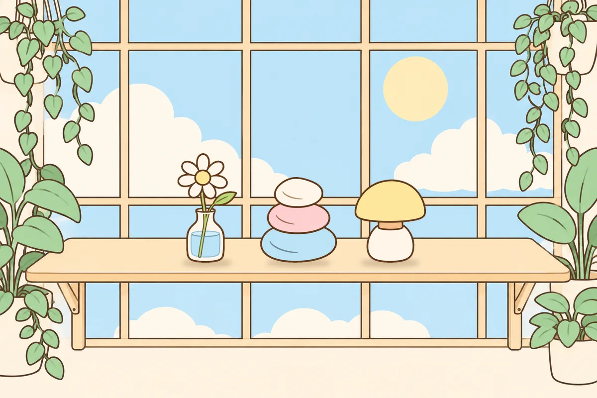 오산 여성전용 브라이덜 케어 안내 그림, 햇살 드는 창가 선반 위의 데이지 꽃병, 조약돌, 무드등
