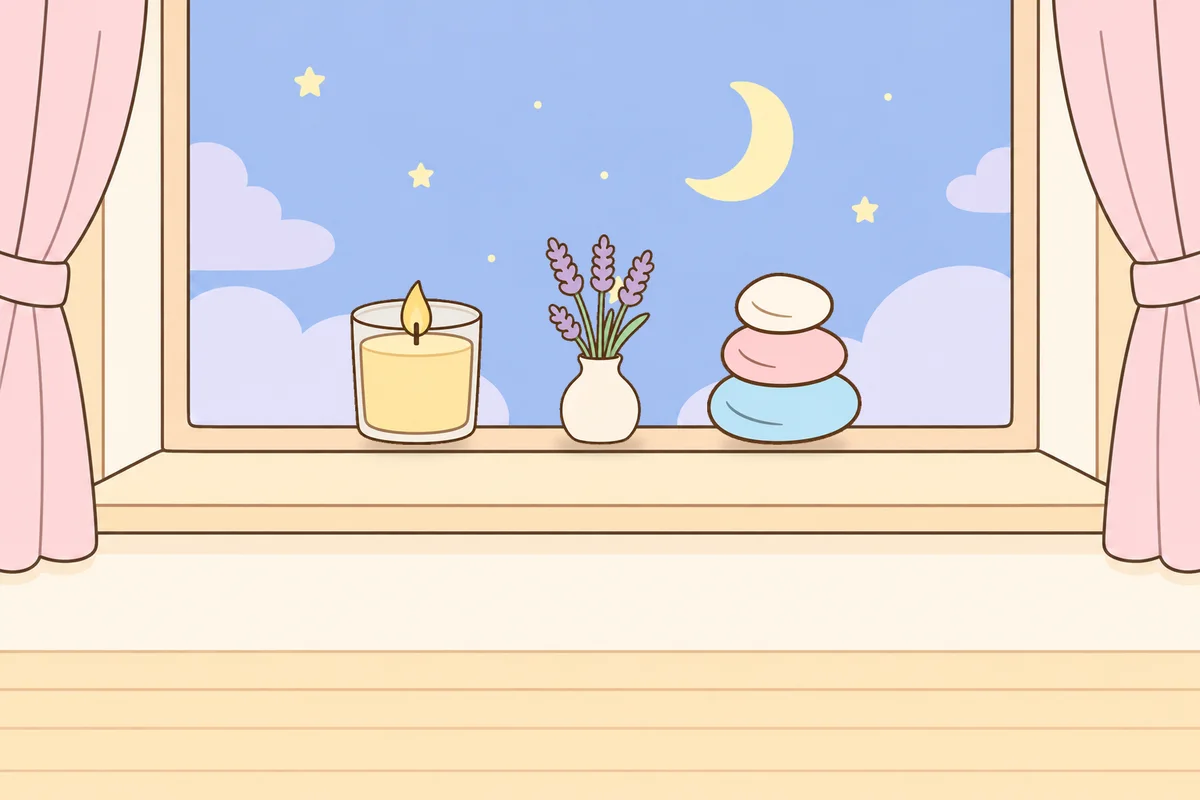 오산 여성전용 마사지 예약 안내 그림, 밤 창가 창턱 위의 향초, 라벤더 꽃병, 조약돌