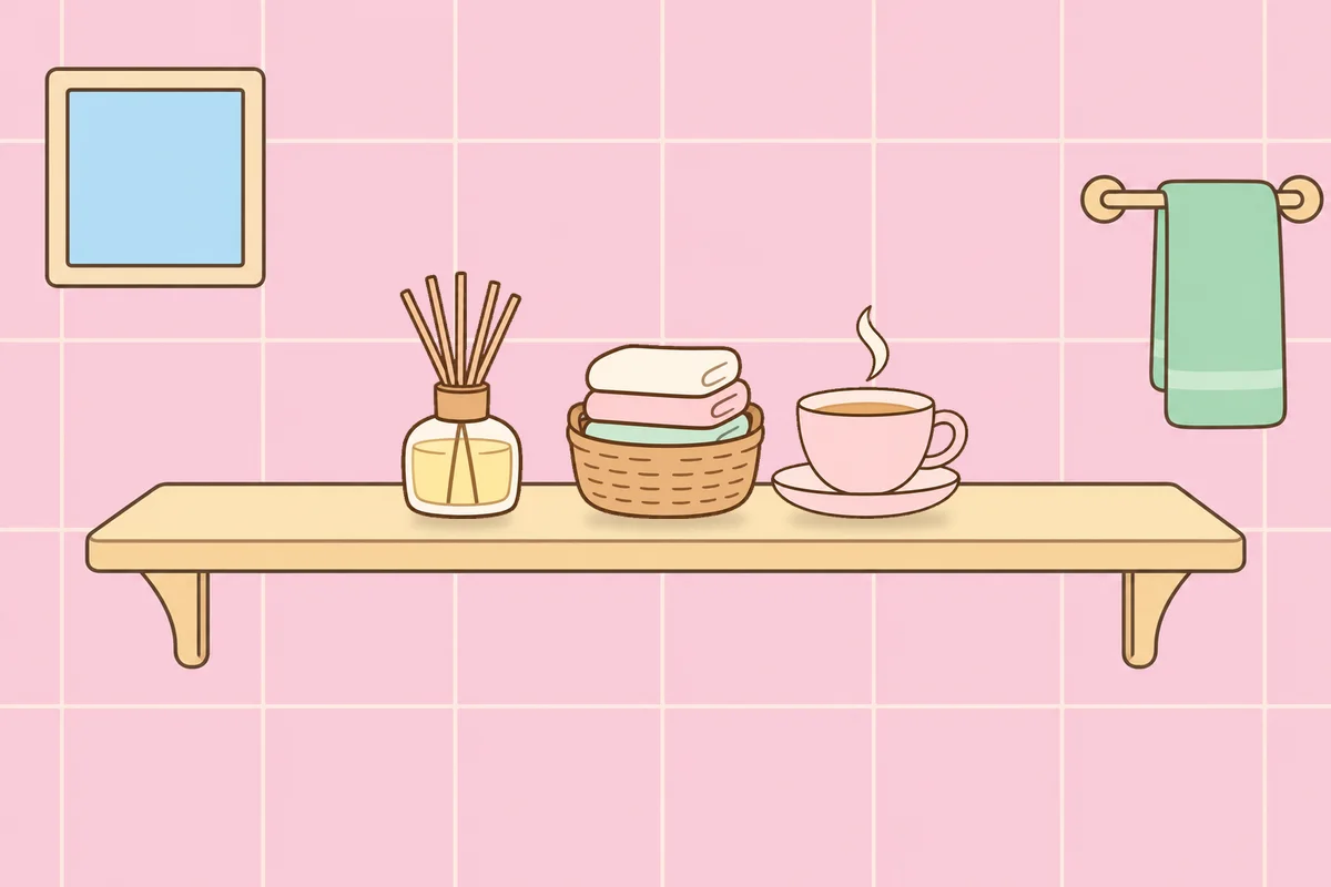 오산 여성전용 마사지 후기 안내 그림, 파우더룸 선반 위의 디퓨저, 수건 바구니, 찻잔