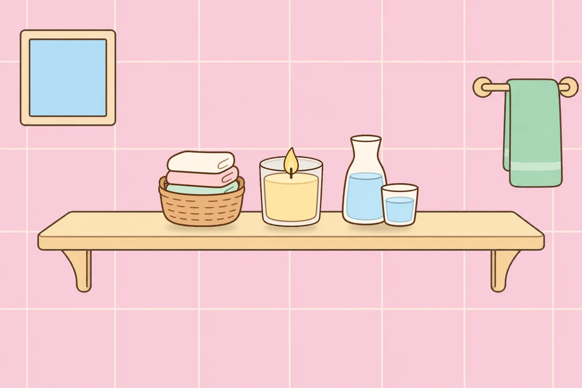 오산 여성전용 마사지 가격 안내 그림, 파우더룸 선반 위의 수건 바구니, 향초, 물병
