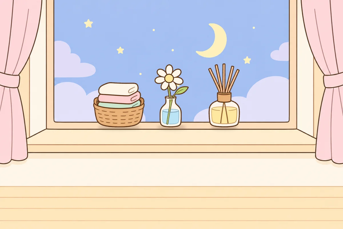 오산 여성전용 출장 마사지 안내 그림, 밤 창가 창턱 위의 수건 바구니, 데이지 꽃병, 디퓨저