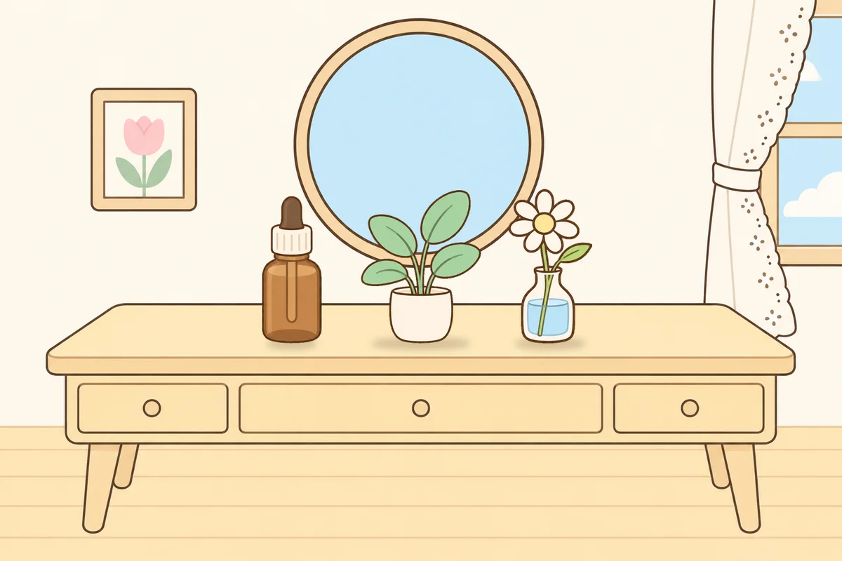 오산 여성전용 출장 마사지 후기 안내 그림, 화장대 위의 오일병, 화분, 데이지 꽃병