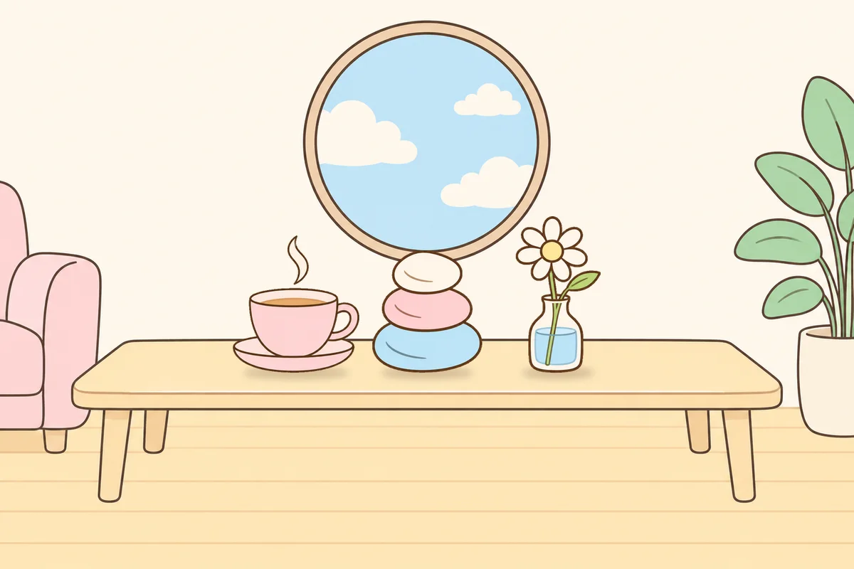 이천 여성전용 아로마테라피 안내 그림, 거실 원목 테이블 위의 찻잔, 조약돌, 데이지 꽃병