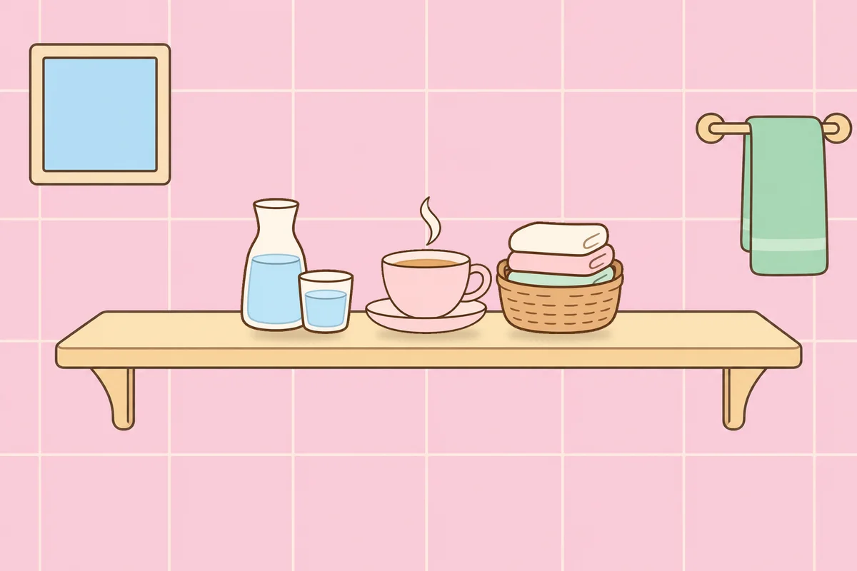 이천 여성전용 라벤더 아로마 안내 그림, 파우더룸 선반 위의 물병, 찻잔, 수건 바구니