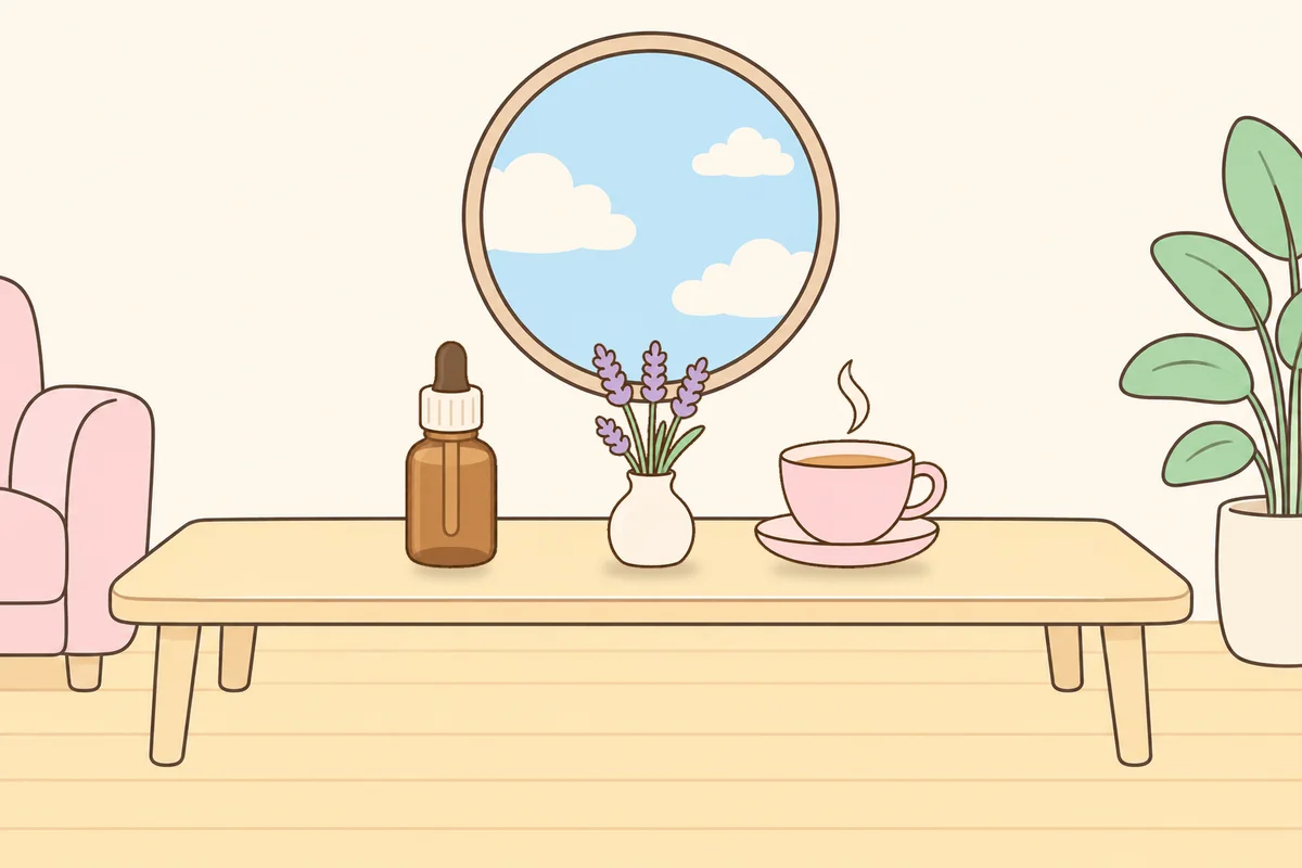 이천 여성전용 스웨디시 가격 안내 그림, 거실 원목 테이블 위의 오일병, 라벤더 꽃병, 찻잔