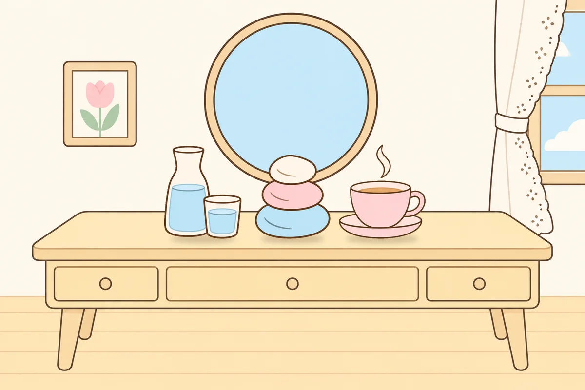 이천 여성전용 아로마 가격 안내 그림, 화장대 위의 물병, 조약돌, 찻잔
