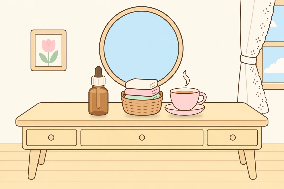 이천 여성전용 바디 경락 안내 그림, 화장대 위의 오일병, 수건 바구니, 찻잔