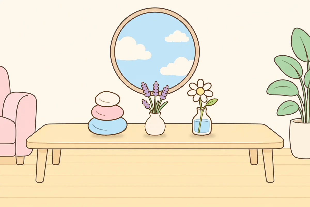 이천 여성전용 홈케어 후기 안내 그림, 거실 원목 테이블 위의 조약돌, 라벤더 꽃병, 데이지 꽃병
