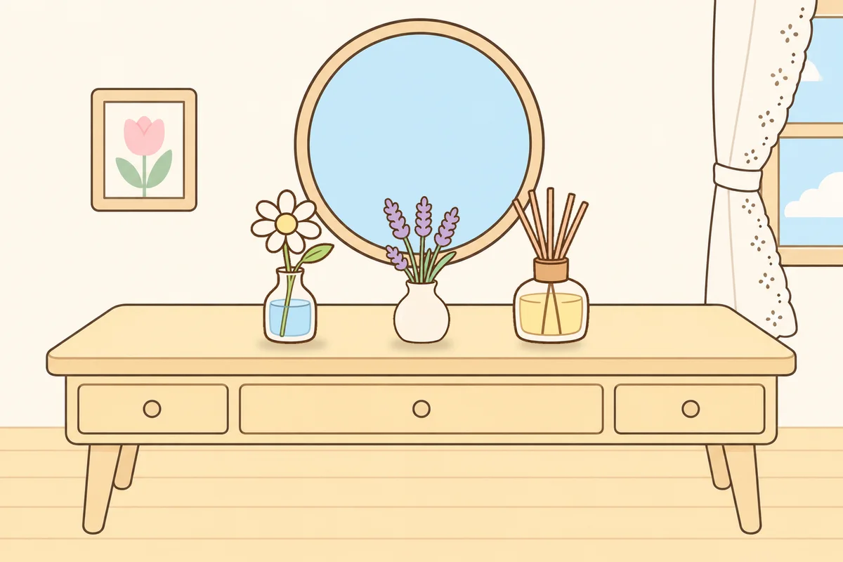 이천 여성전용 발 부종 케어 안내 그림, 화장대 위의 데이지 꽃병, 라벤더 꽃병, 디퓨저