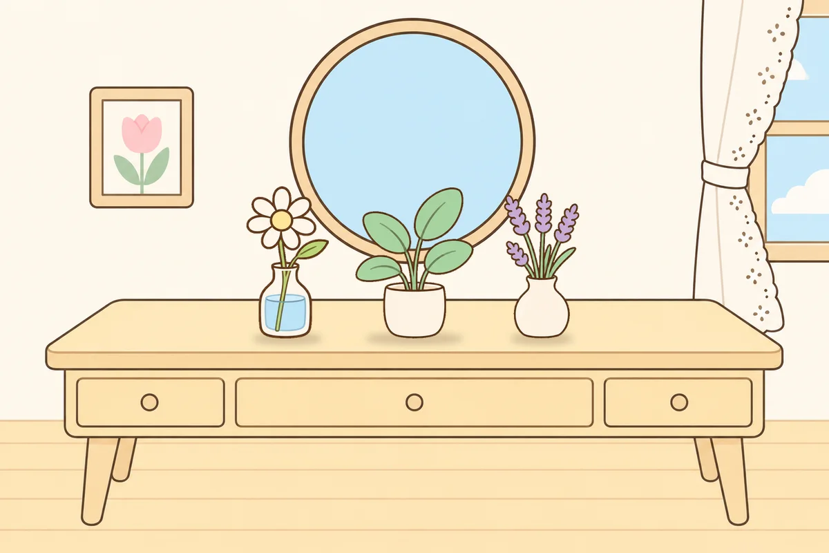 이천 여성전용 림프 마사지 안내 그림, 화장대 위의 데이지 꽃병, 화분, 라벤더 꽃병