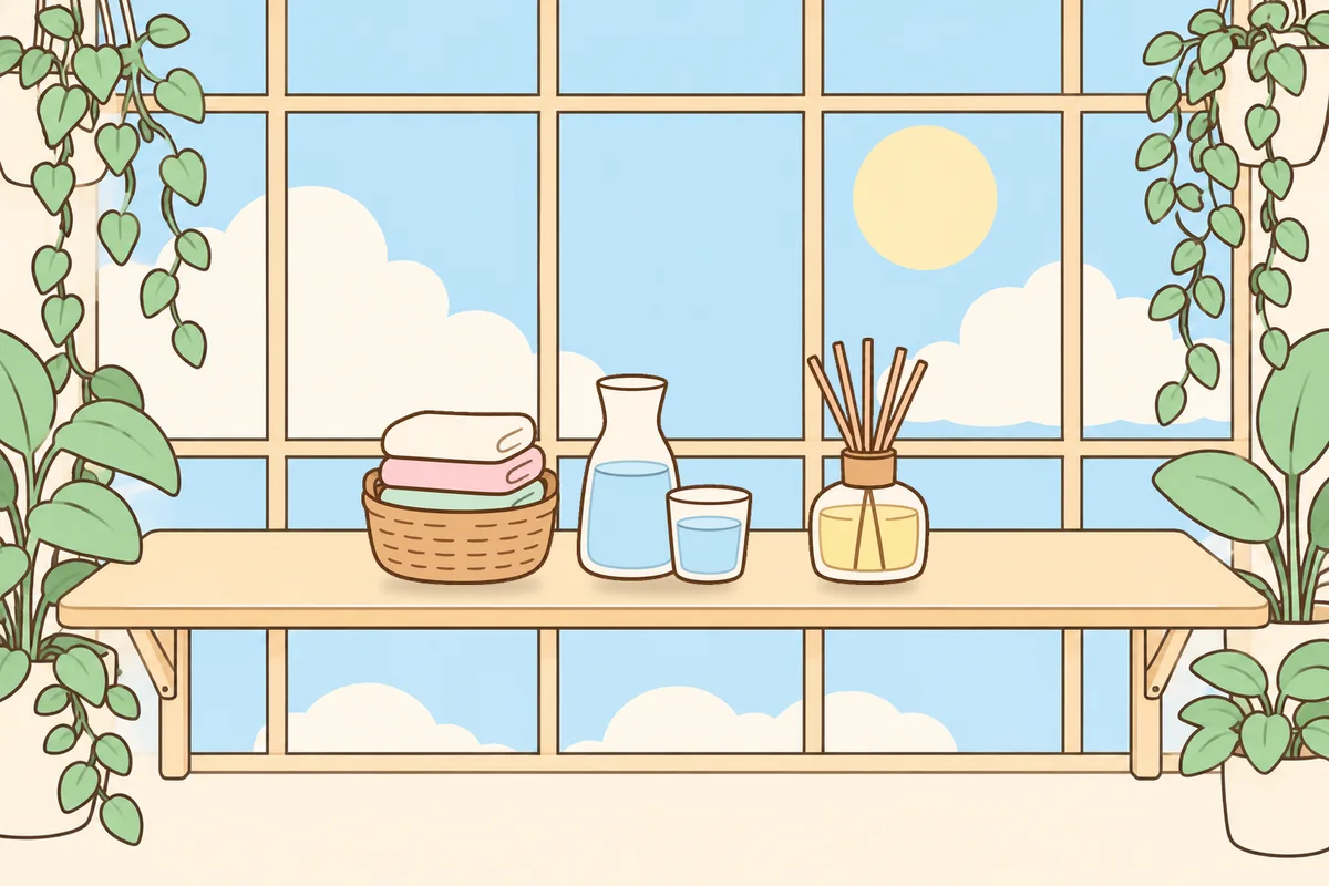 이천 여성전용 어깨 마사지 안내 그림, 햇살 드는 창가 선반 위의 수건 바구니, 물병, 디퓨저