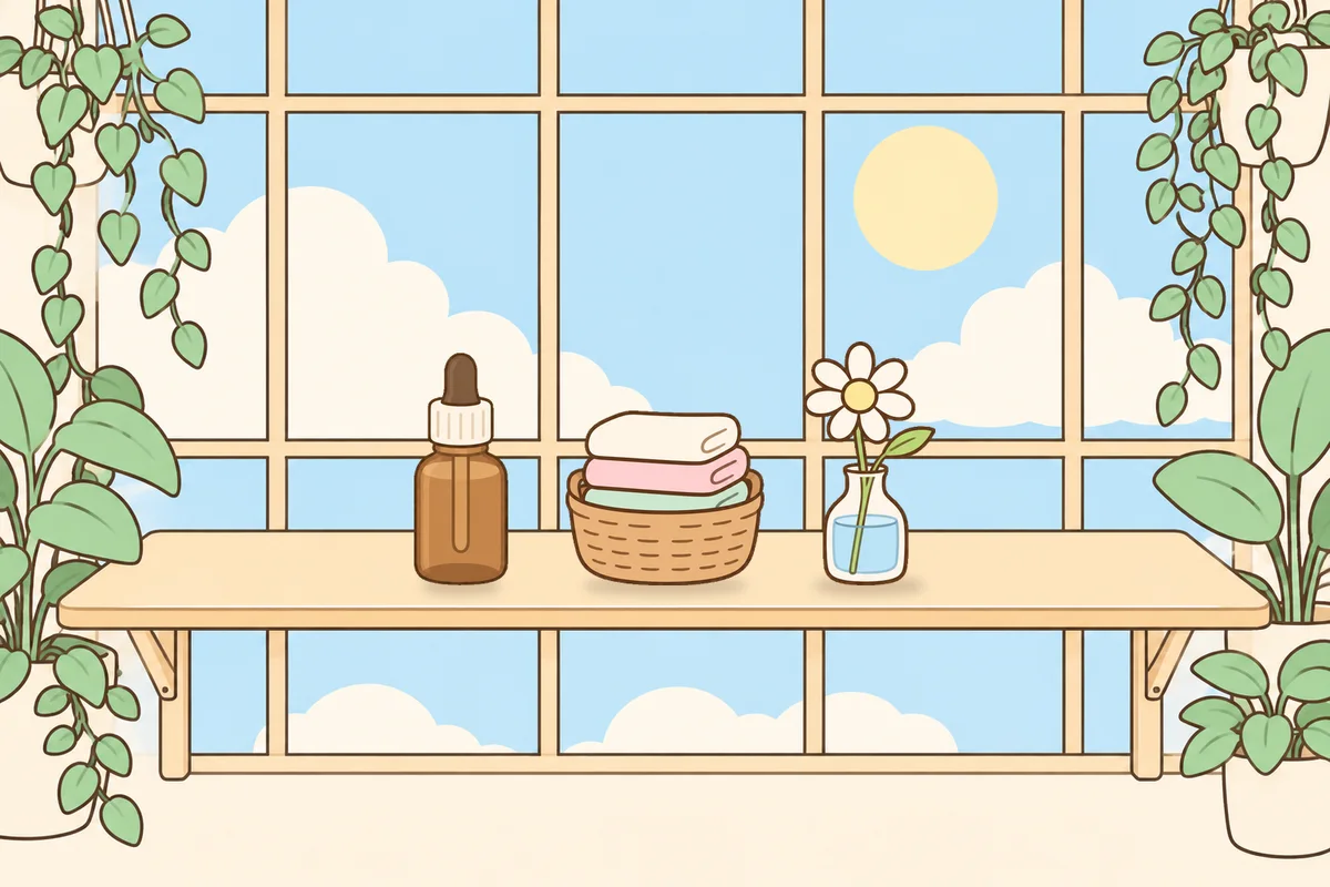 이천 여성전용 목 어깨 케어 안내 그림, 햇살 드는 창가 선반 위의 오일병, 수건 바구니, 데이지 꽃병