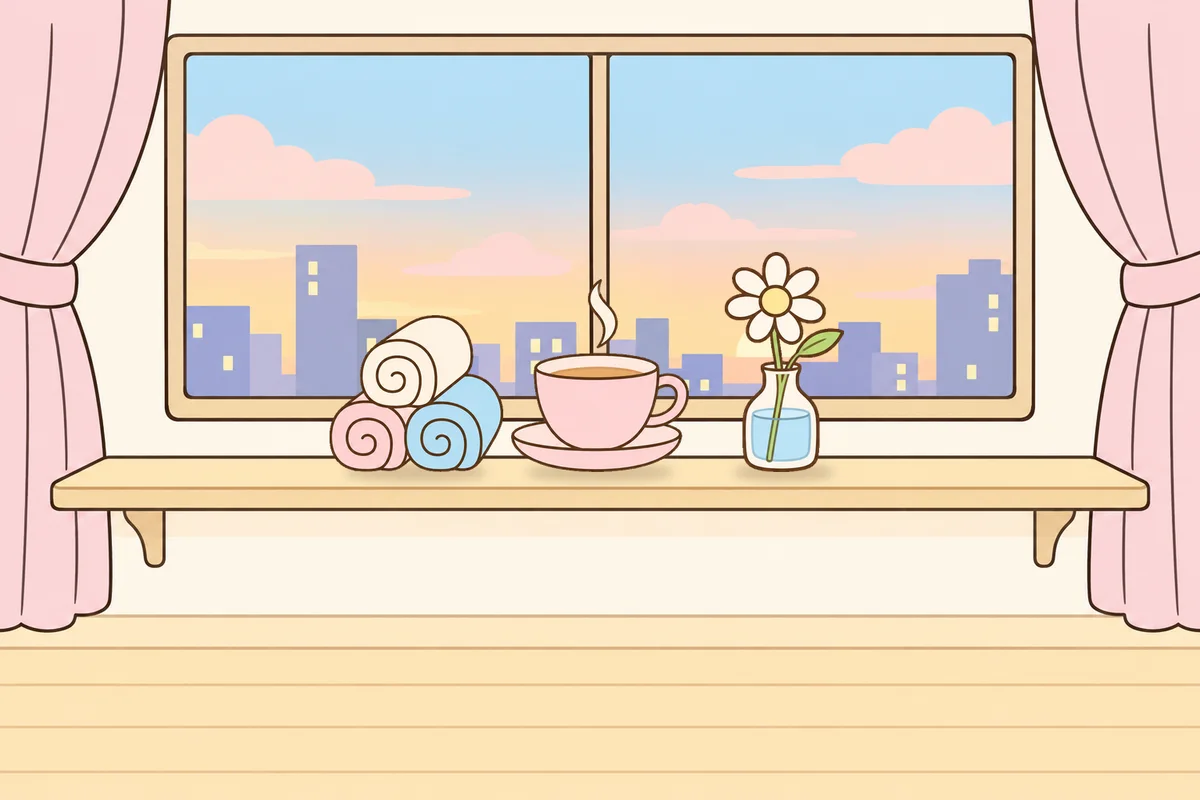이천 여성전용 브라이덜 케어 안내 그림, 호텔 창가 선반 위의 수건, 찻잔, 데이지 꽃병