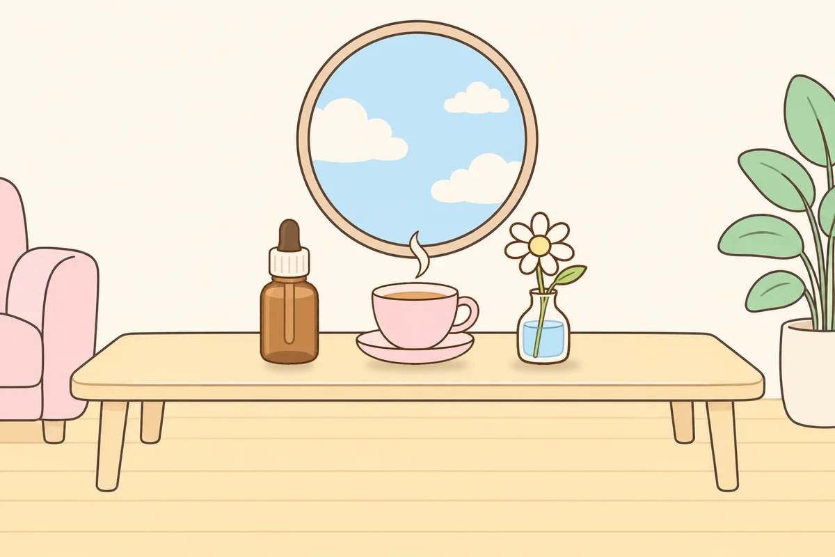 안성 여성전용 스웨디시 마사지 안내 그림, 거실 원목 테이블 위의 오일병, 찻잔, 데이지 꽃병