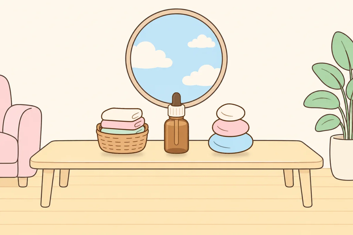 안성 여성전용 아로마테라피 안내 그림, 거실 원목 테이블 위의 수건 바구니, 오일병, 조약돌
