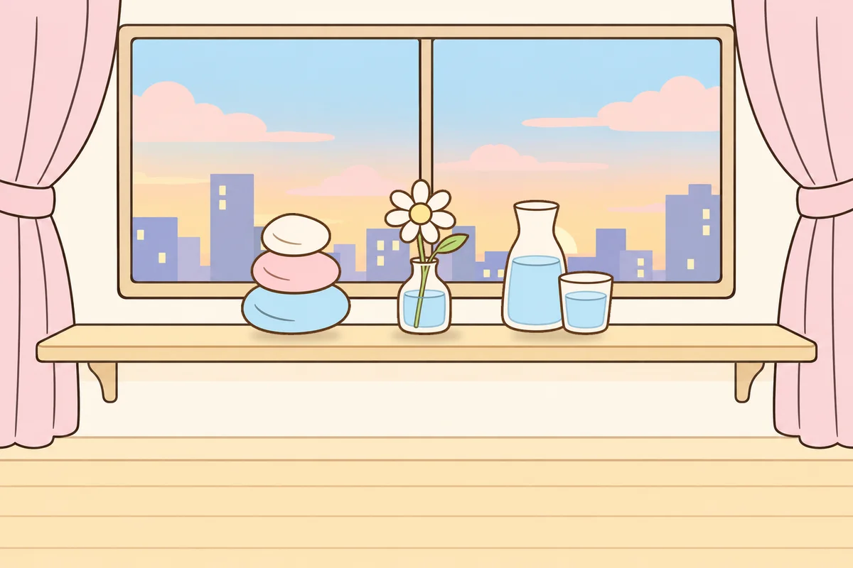 안성 여성전용 얼굴 경락 안내 그림, 호텔 창가 선반 위의 조약돌, 데이지 꽃병, 물병