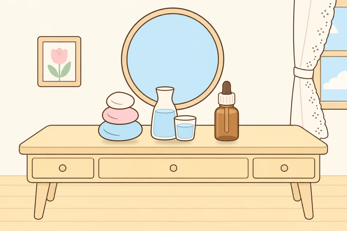 안성 여성전용 경락마사지 후기 안내 그림, 화장대 위의 조약돌, 물병, 오일병