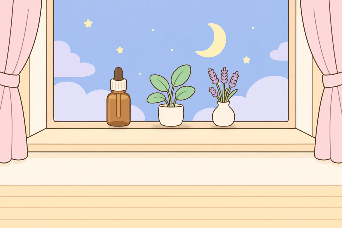 안성 여성전용 경락 추천 안내 그림, 밤 창가 창턱 위의 오일병, 화분, 라벤더 꽃병