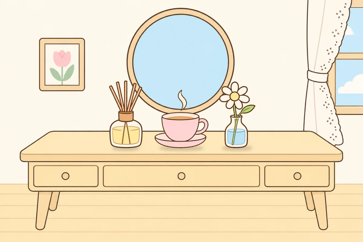 안성 여성전용 홈케어 서비스 안내 그림, 화장대 위의 디퓨저, 찻잔, 데이지 꽃병