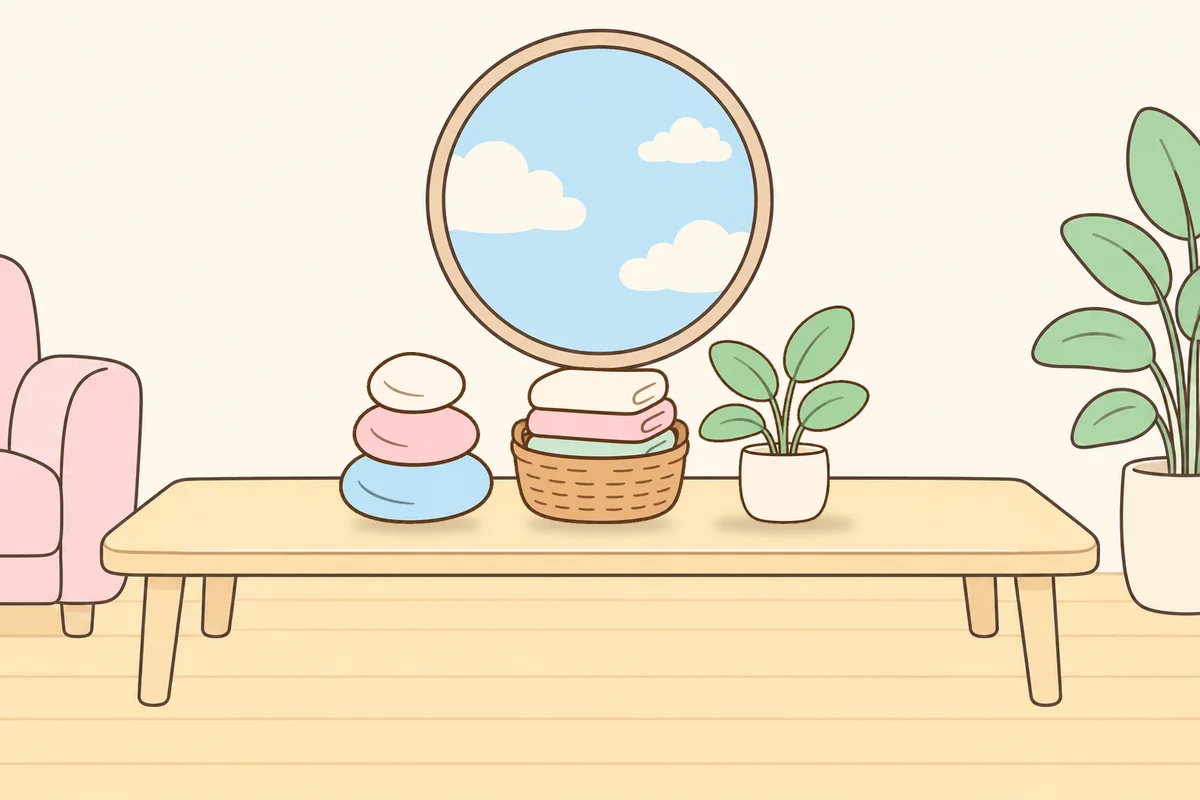 안성 여성전용 1인샵 안내 그림, 거실 원목 테이블 위의 조약돌, 수건 바구니, 화분
