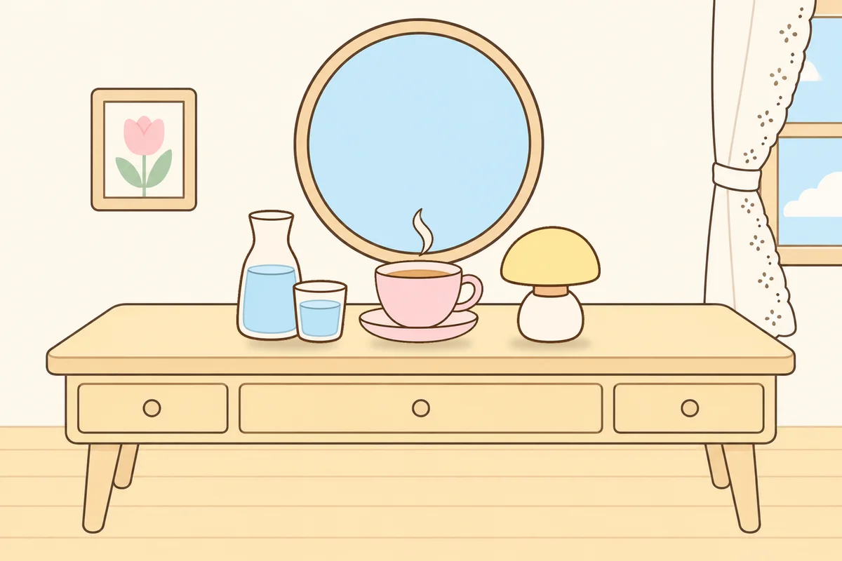 안성 여성전용 프라이빗 케어 안내 그림, 화장대 위의 물병, 찻잔, 무드등