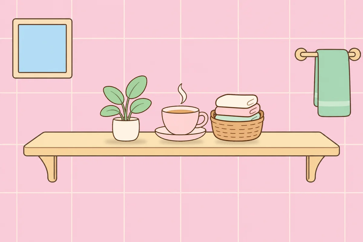 안성 여성전용 홈케어 후기 안내 그림, 파우더룸 선반 위의 화분, 찻잔, 수건 바구니
