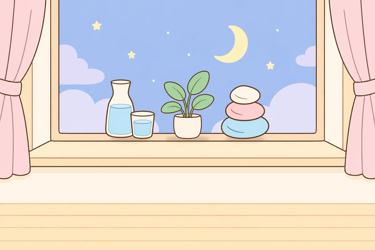 안성 여성전용 발관리 후기 안내 그림, 밤 창가 창턱 위의 물병, 화분, 조약돌